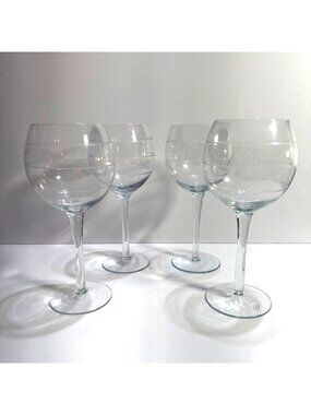 Set Of 4 Clear Balloon Wine Glasses With Etched Stripes Durable Stems